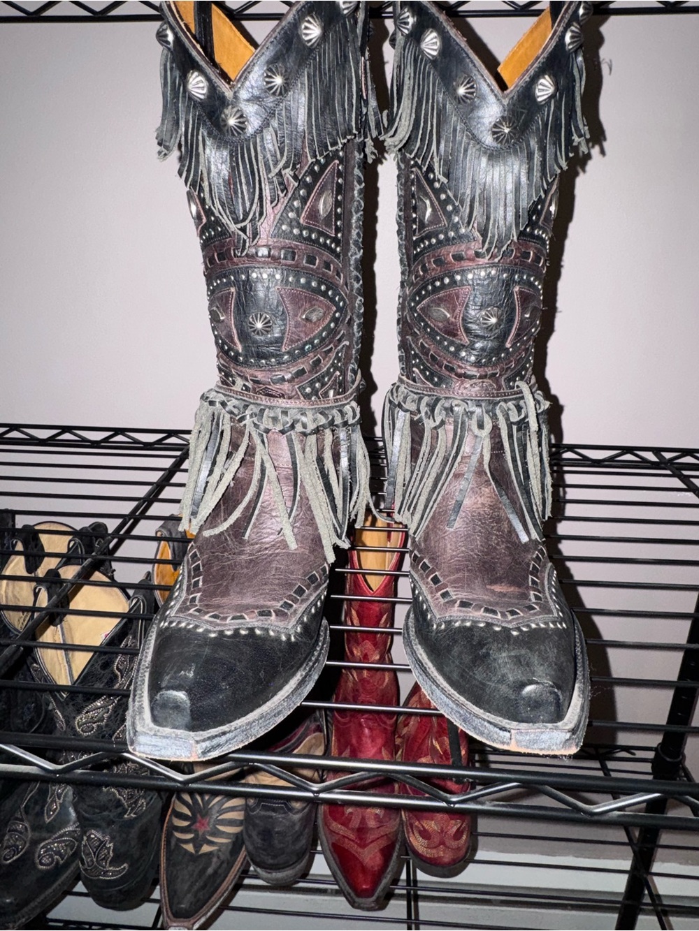 Old Gringo Black and Brown Fringe Studded Heeled Boots